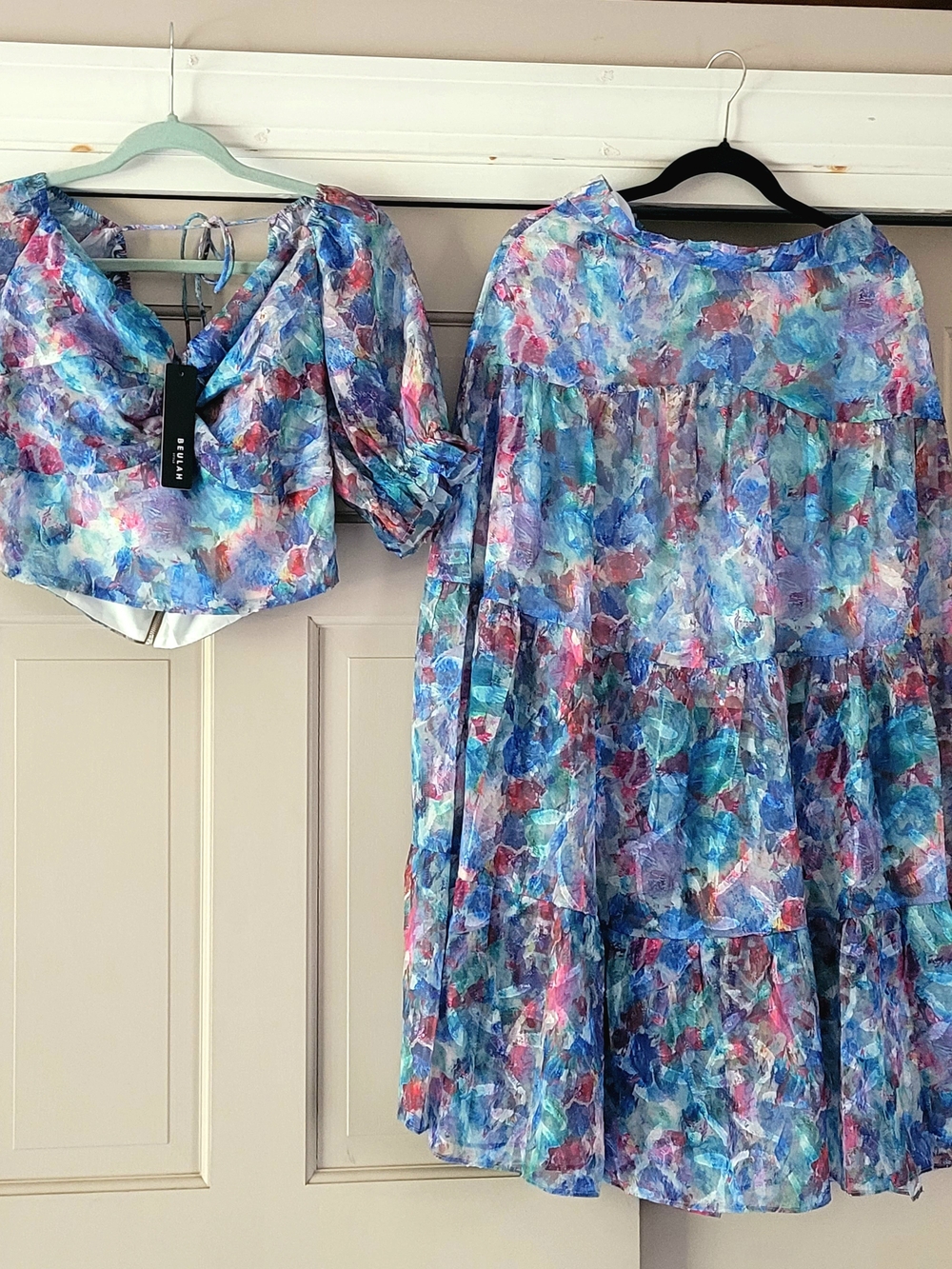 Beulah Watercolor Floral Tiered Maxi Dress in Blue & Purple L